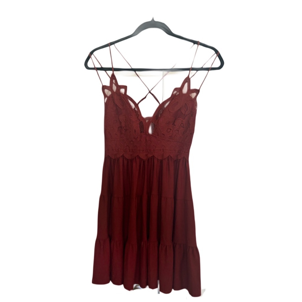 Zenana Burgundy Ruffle Lace Tank Adjustable Spaghetti Strap Dress Size L